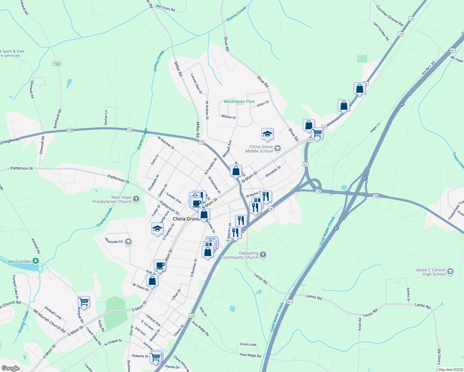 map of restaurants, bars, coffee shops, grocery stores, and more near 501 North Main Street in China Grove