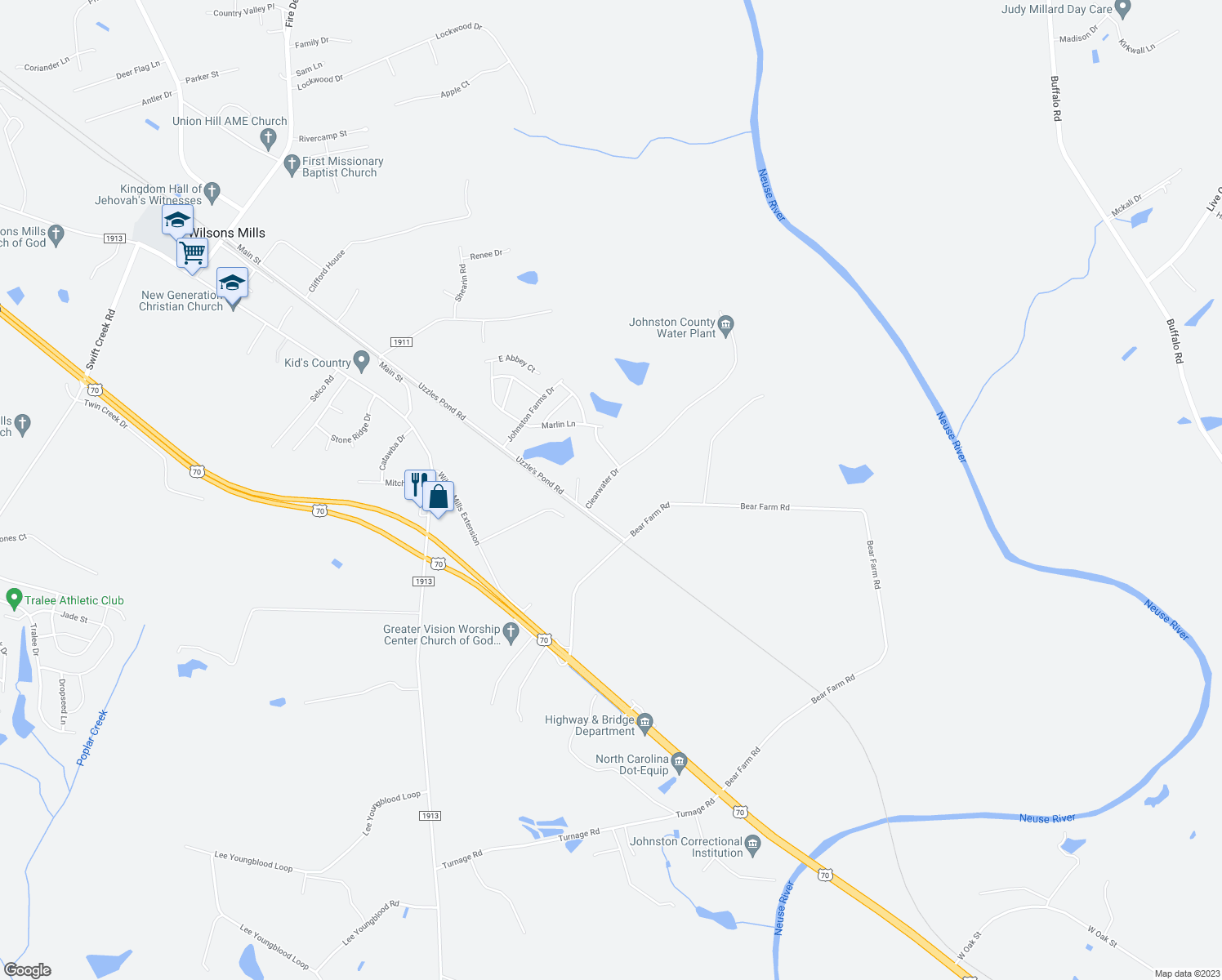 map of restaurants, bars, coffee shops, grocery stores, and more near 112 Clear Water Drive in Smithfield