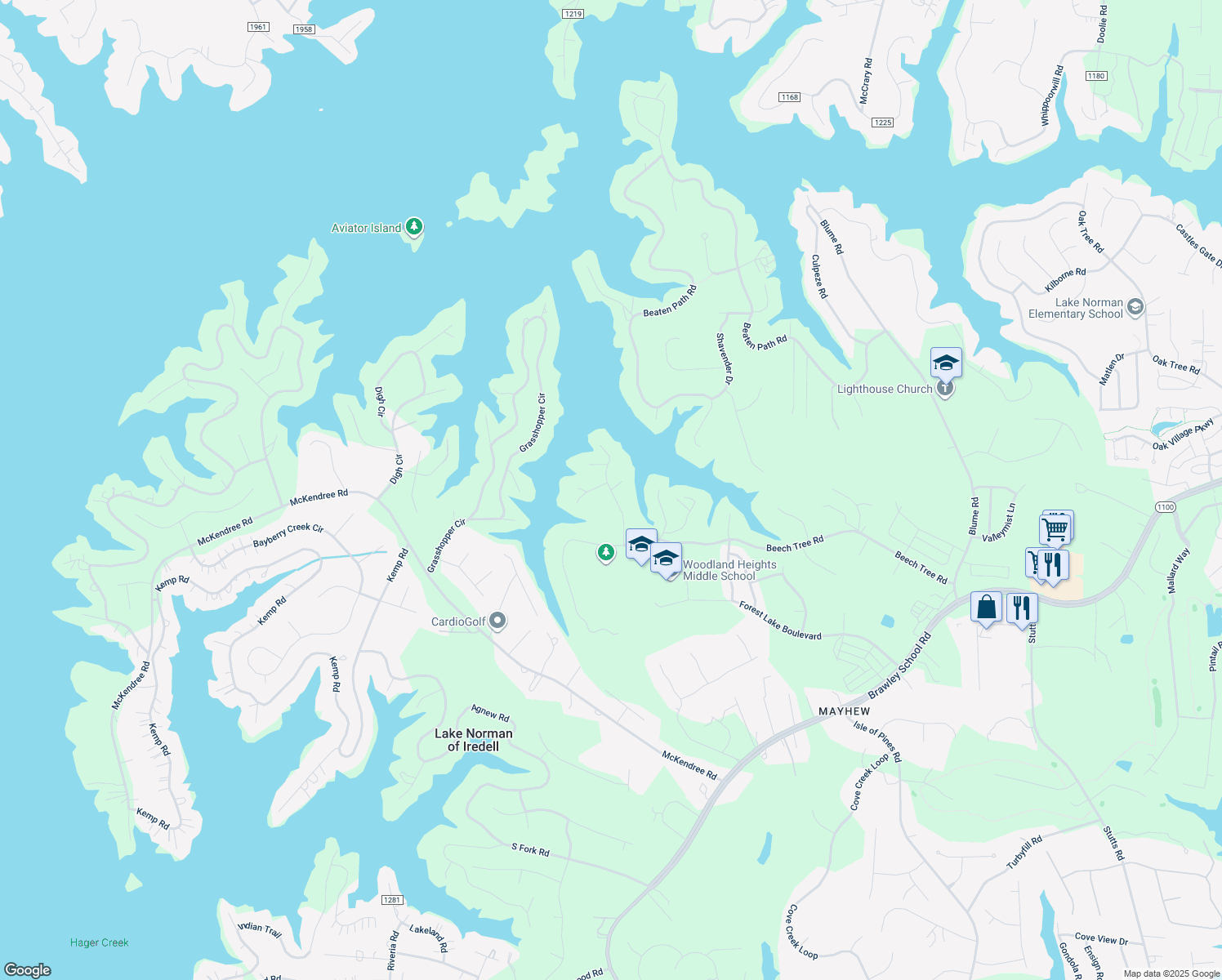 map of restaurants, bars, coffee shops, grocery stores, and more near Kings Cross Ln in Mooresville