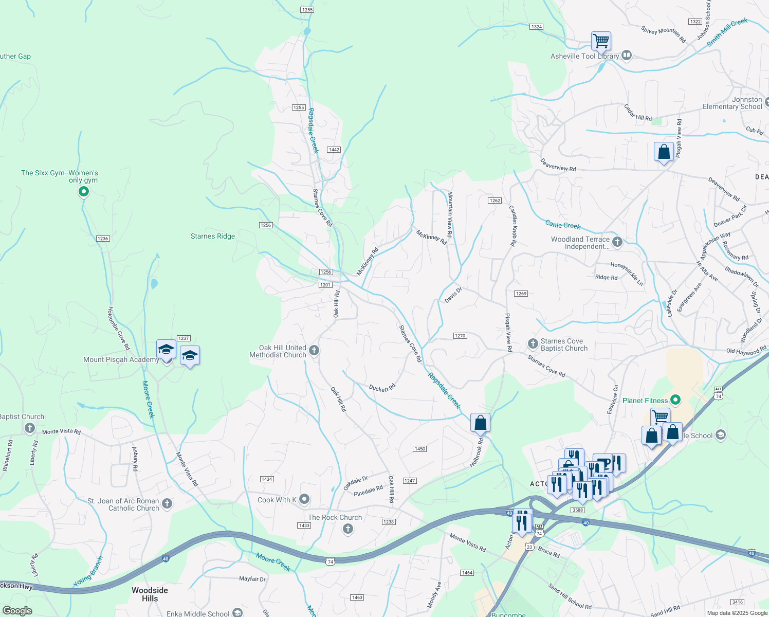 map of restaurants, bars, coffee shops, grocery stores, and more near 361 Starnes Cove Road in Candler