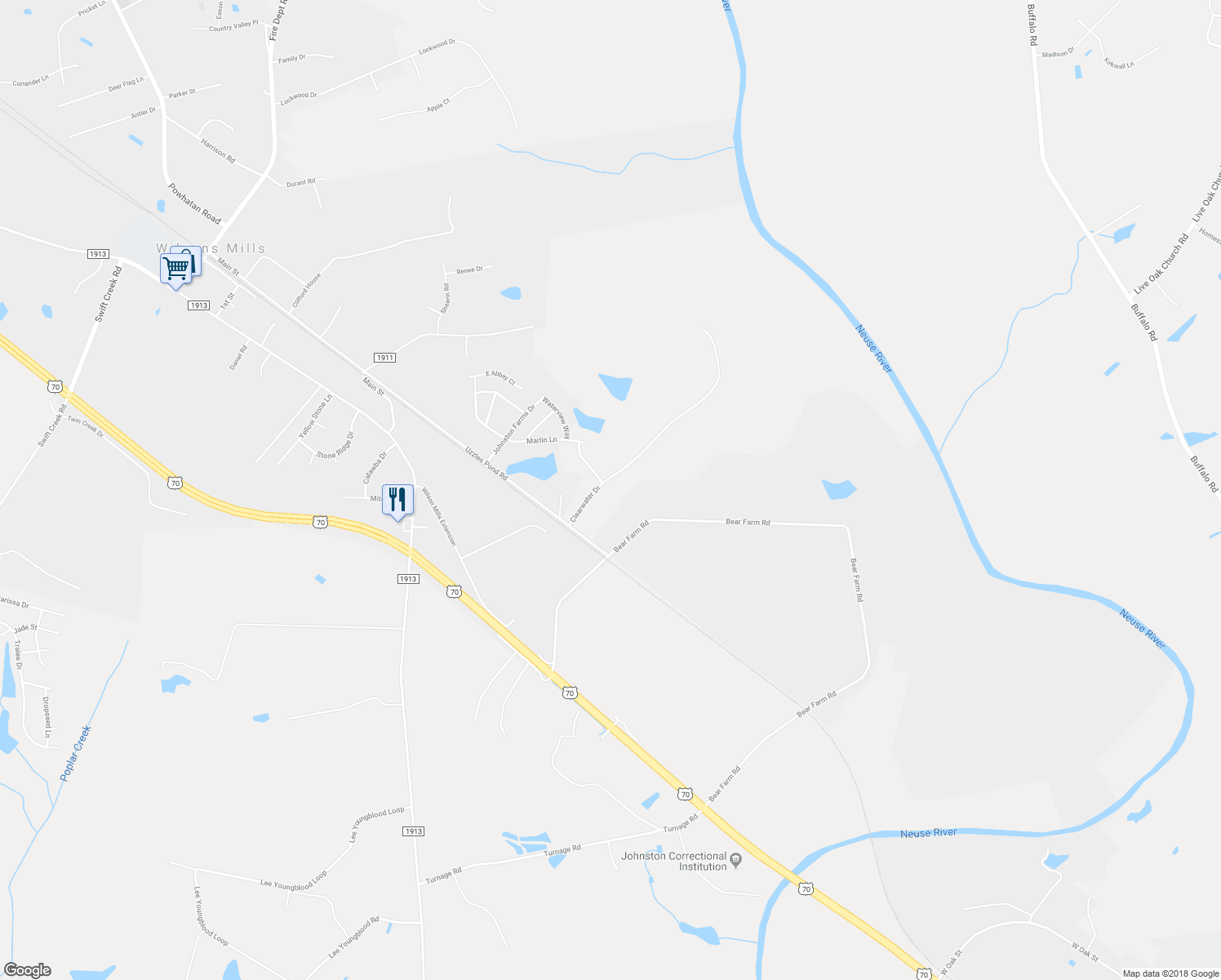 map of restaurants, bars, coffee shops, grocery stores, and more near 128 Clear Water Dr in Smithfield