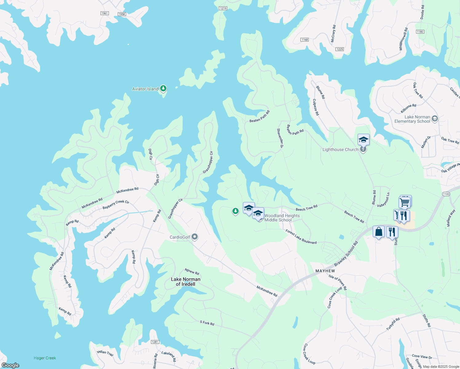 map of restaurants, bars, coffee shops, grocery stores, and more near Kings Cross Lane in Mooresville