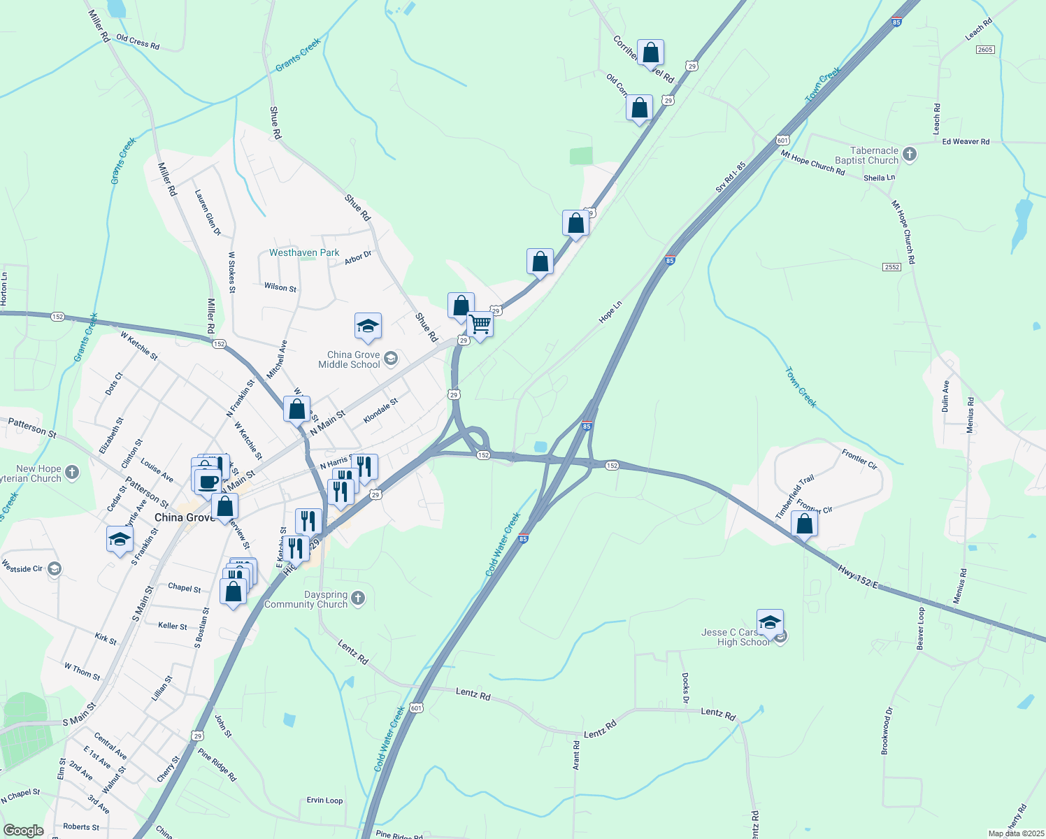 map of restaurants, bars, coffee shops, grocery stores, and more near 108 Yost Town Road in China Grove