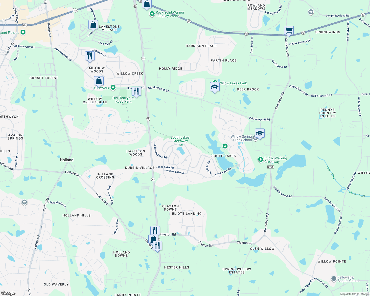 map of restaurants, bars, coffee shops, grocery stores, and more near 634 Apalachia Lake Drive in Fuquay Varina