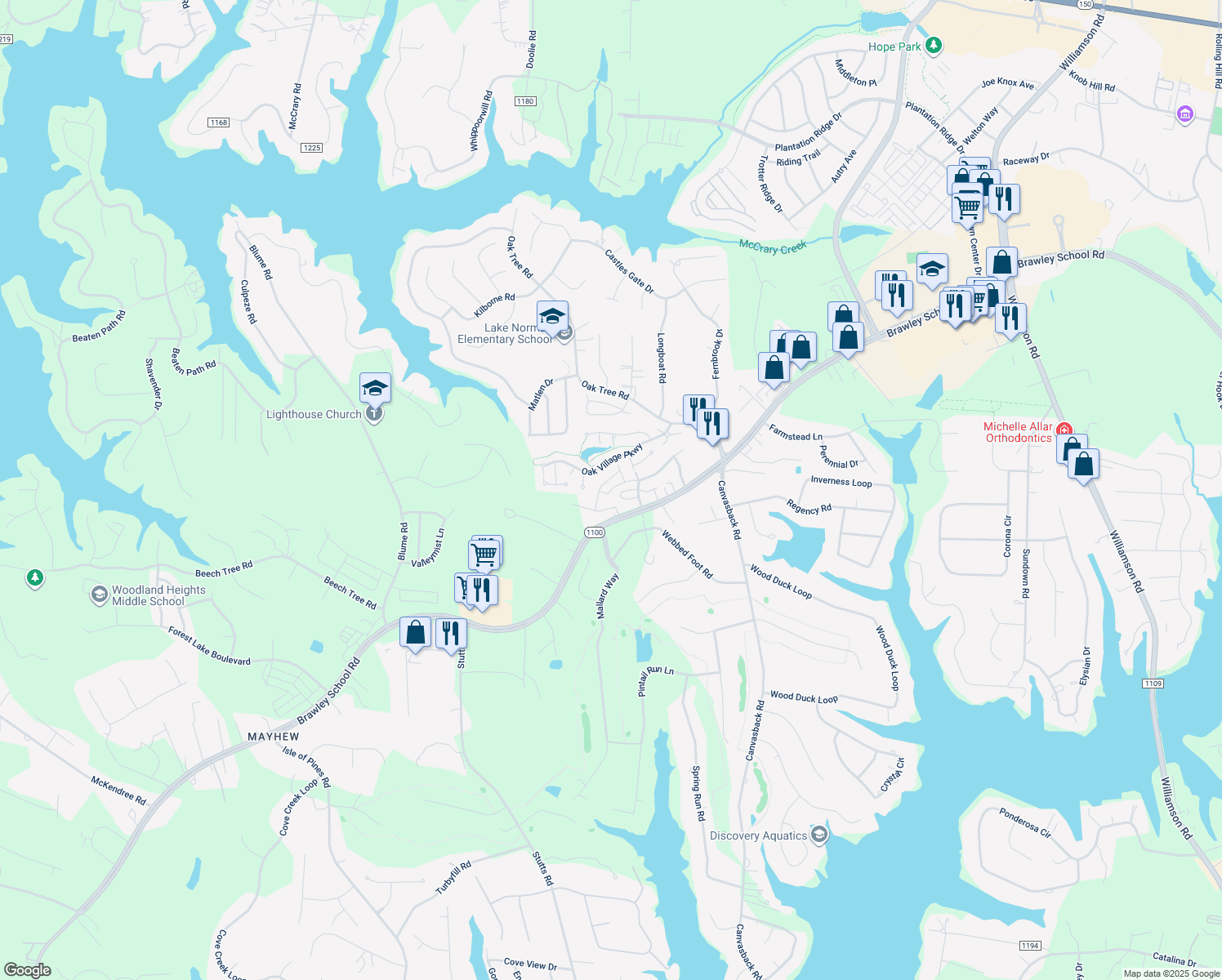 map of restaurants, bars, coffee shops, grocery stores, and more near 137 Clusters Circle in Mooresville