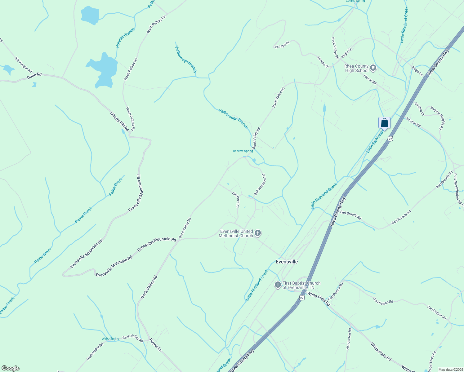 map of restaurants, bars, coffee shops, grocery stores, and more near 406 Old Post Road in Evensville