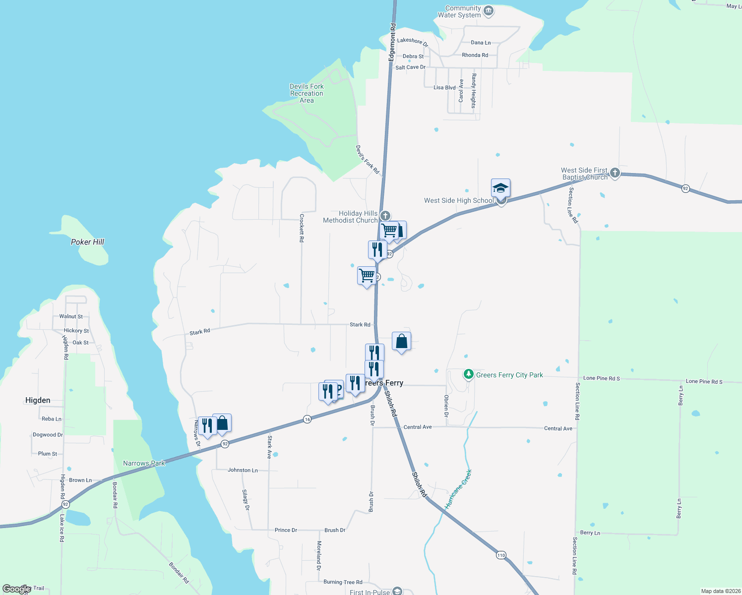 map of restaurants, bars, coffee shops, grocery stores, and more near 8635 Edgemont Road in Greers Ferry