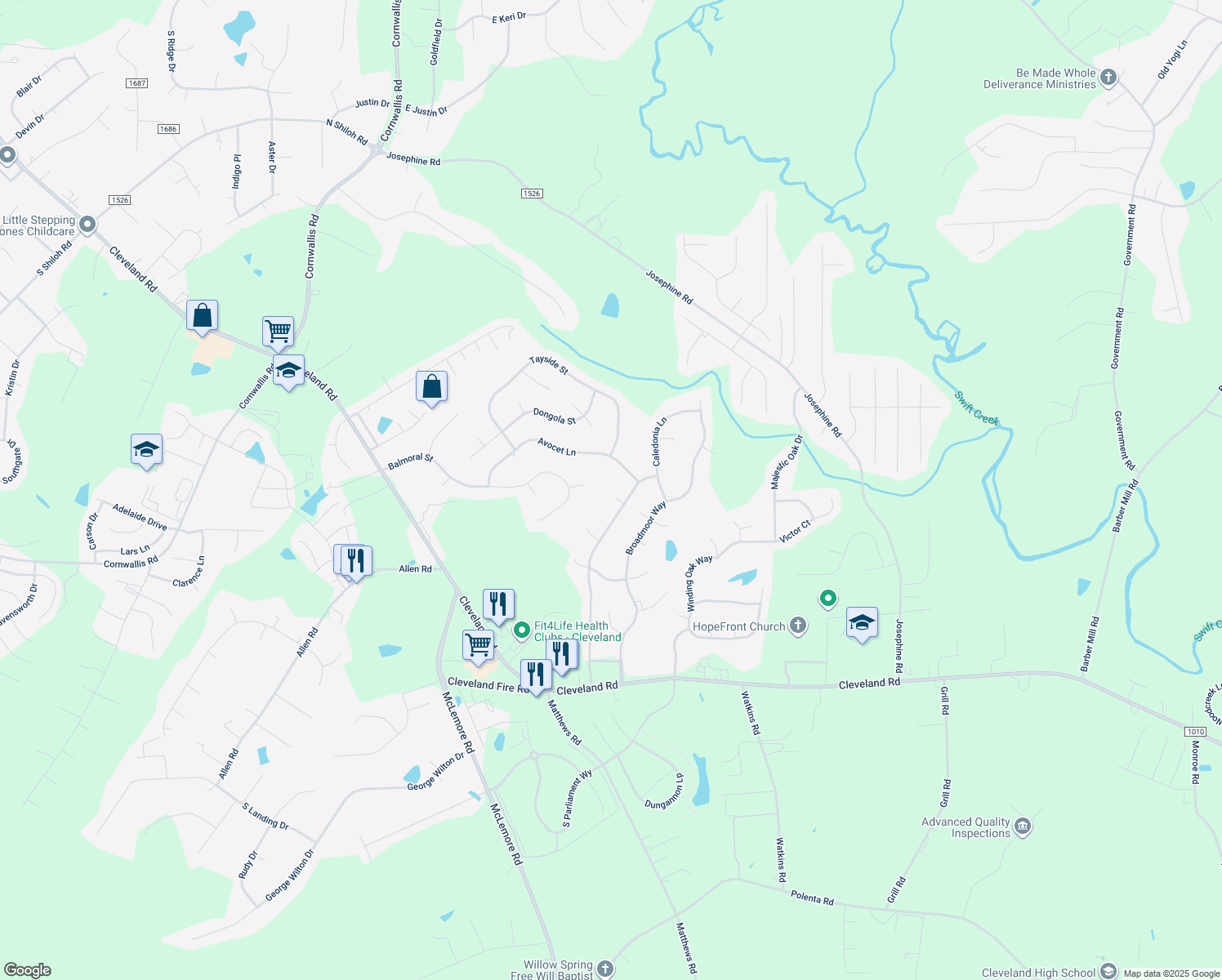 map of restaurants, bars, coffee shops, grocery stores, and more near 48 Arabella Lane in Clayton