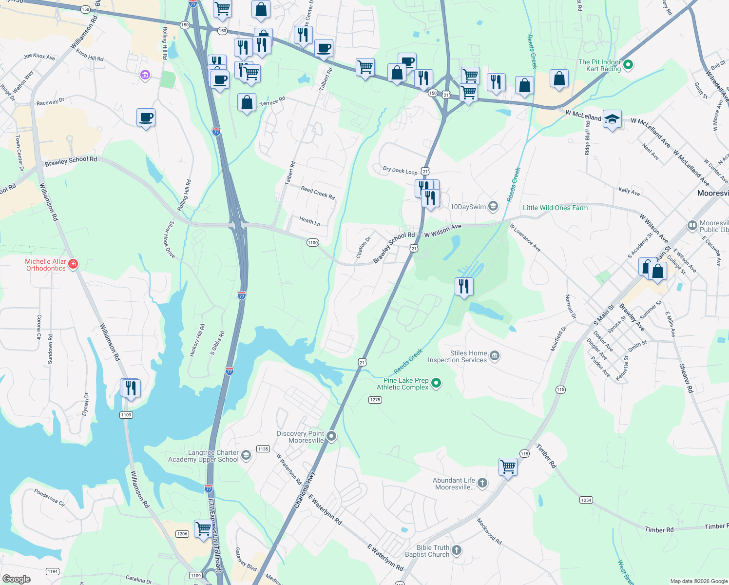 map of restaurants, bars, coffee shops, grocery stores, and more near 121 Blake Lane in Mooresville