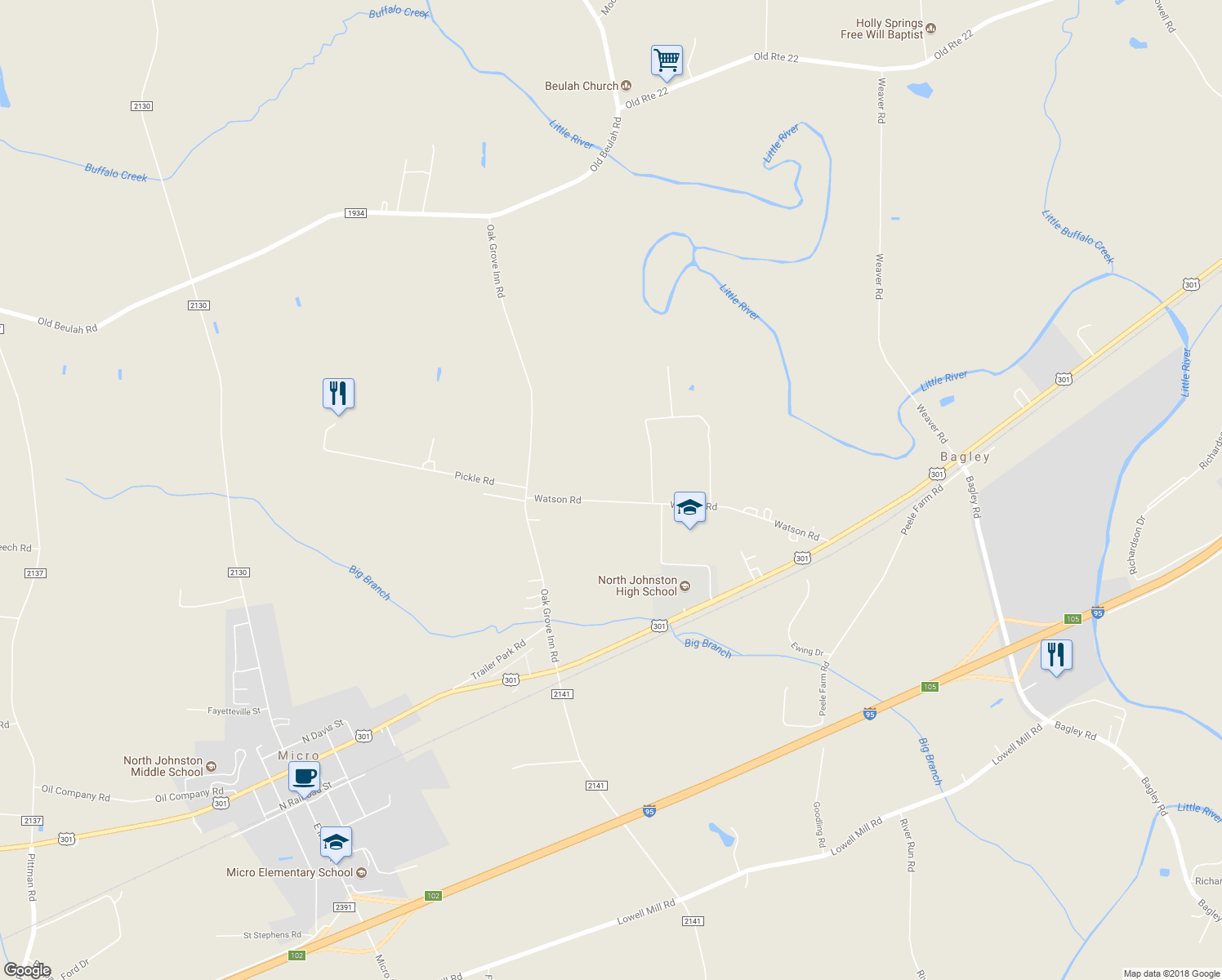 map of restaurants, bars, coffee shops, grocery stores, and more near 528 Watson Road in Selma
