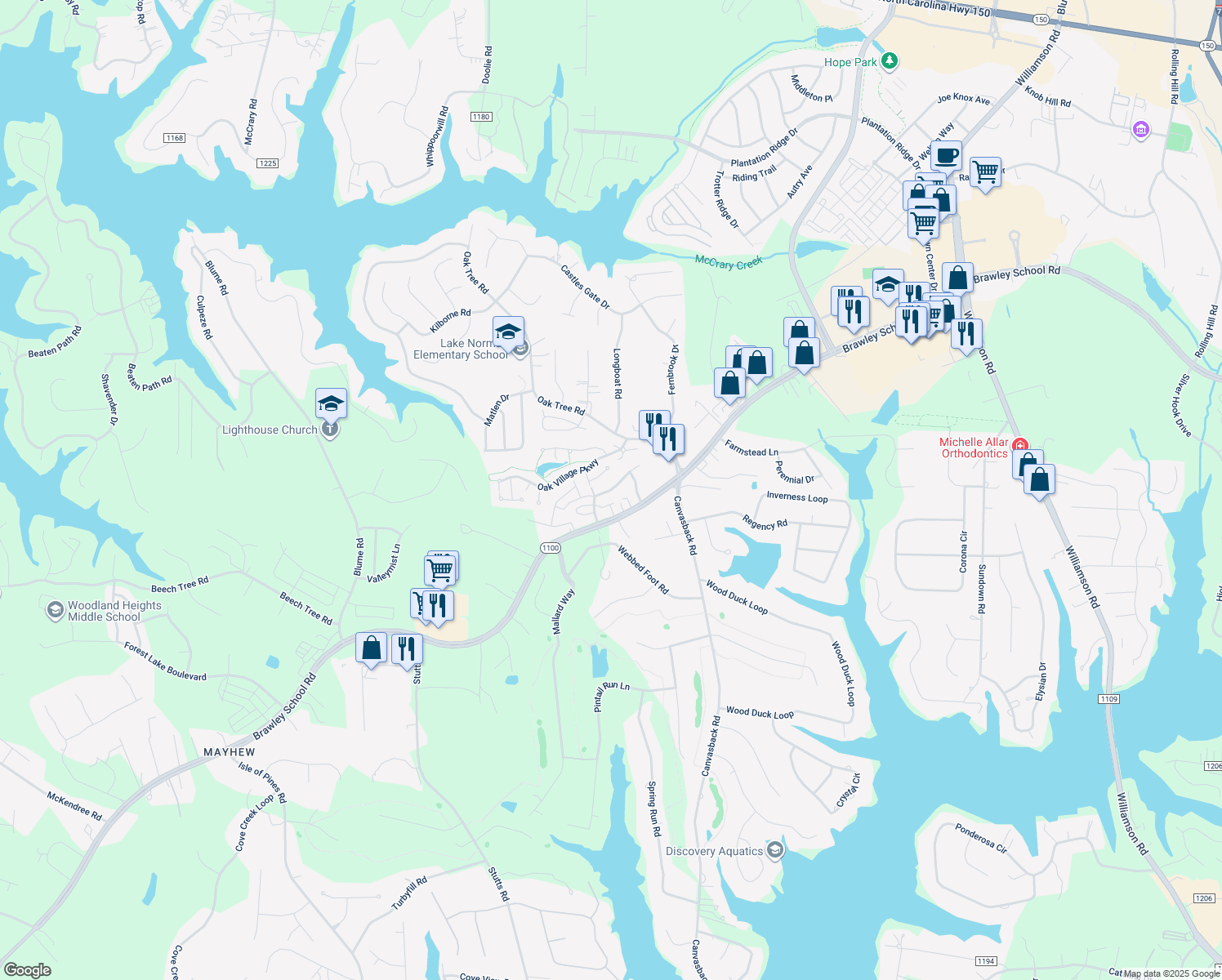 map of restaurants, bars, coffee shops, grocery stores, and more near 150 Springwood Lane in Mooresville