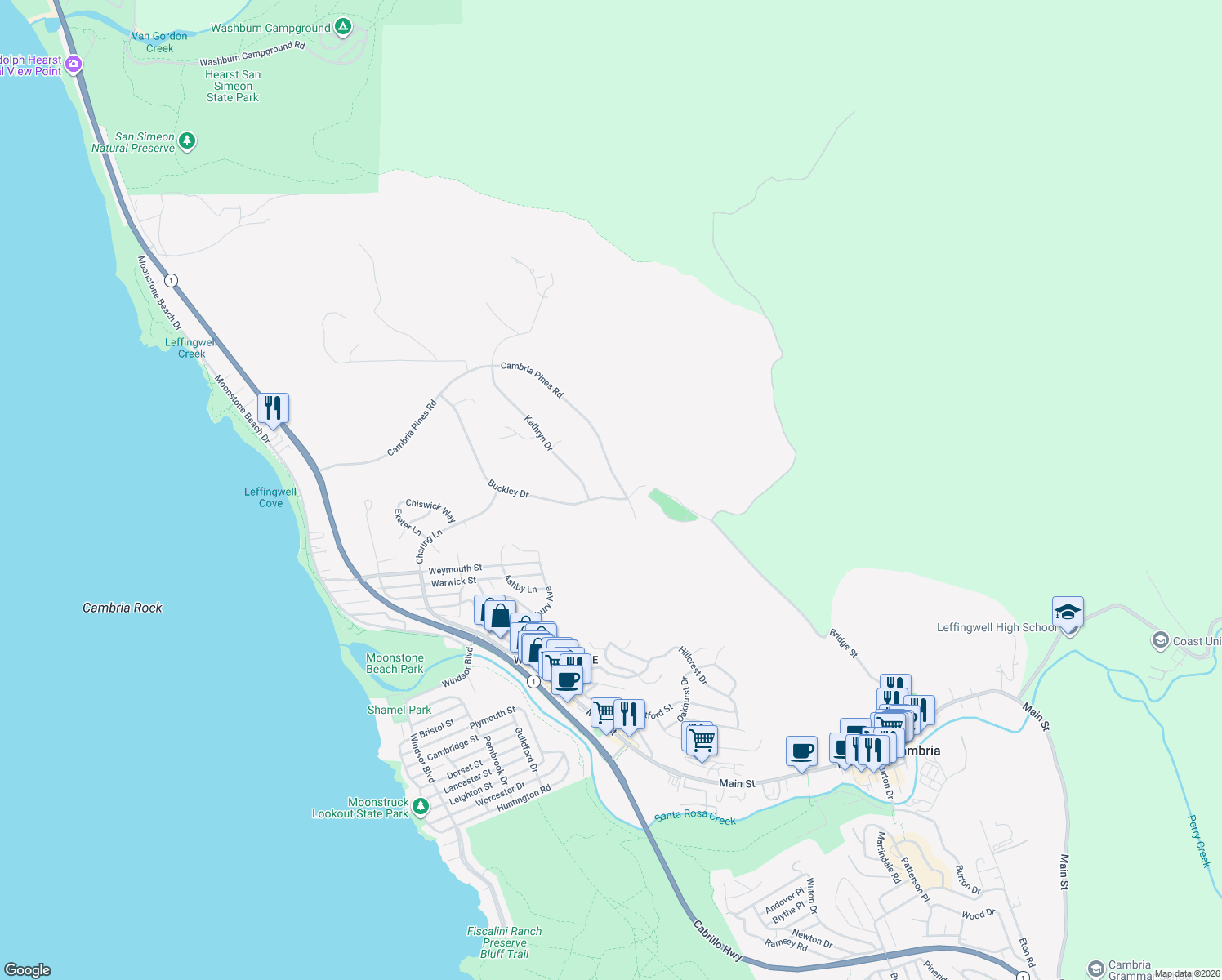 map of restaurants, bars, coffee shops, grocery stores, and more near 6410 Cambria Pines Road in Cambria