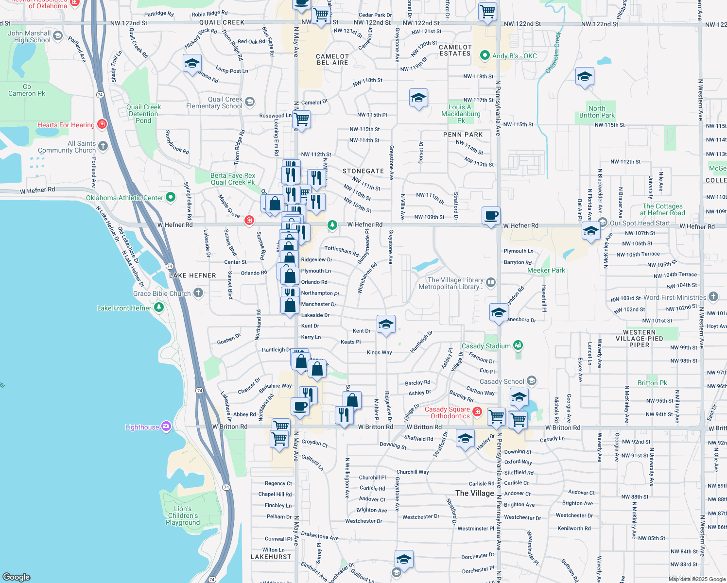 map of restaurants, bars, coffee shops, grocery stores, and more near 10412 Whitehaven Road in The Village