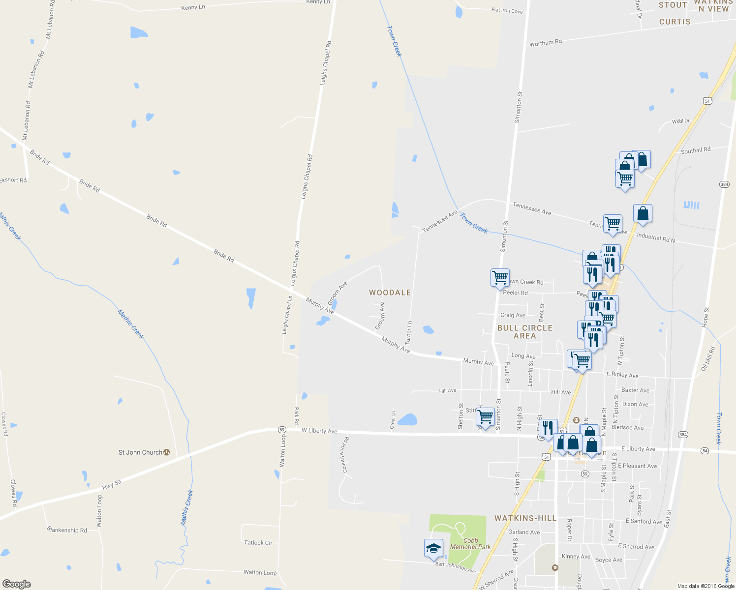 map of restaurants, bars, coffee shops, grocery stores, and more near 308 Woodmont Cove in Covington