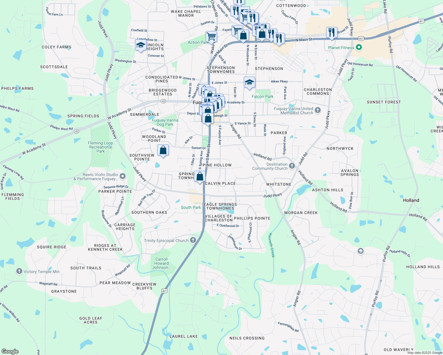 map of restaurants, bars, coffee shops, grocery stores, and more near 713 South Fuquay Avenue in Fuquay-Varina
