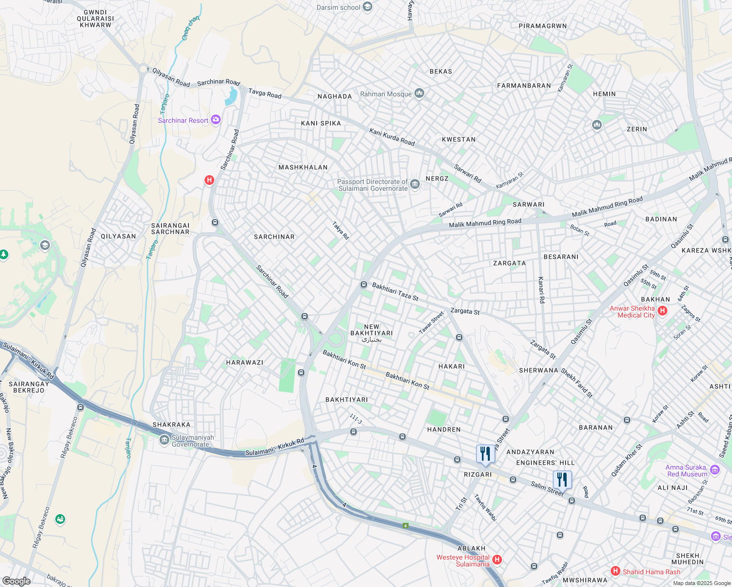 map of restaurants, bars, coffee shops, grocery stores, and more near Road in Sulaymaniyah
