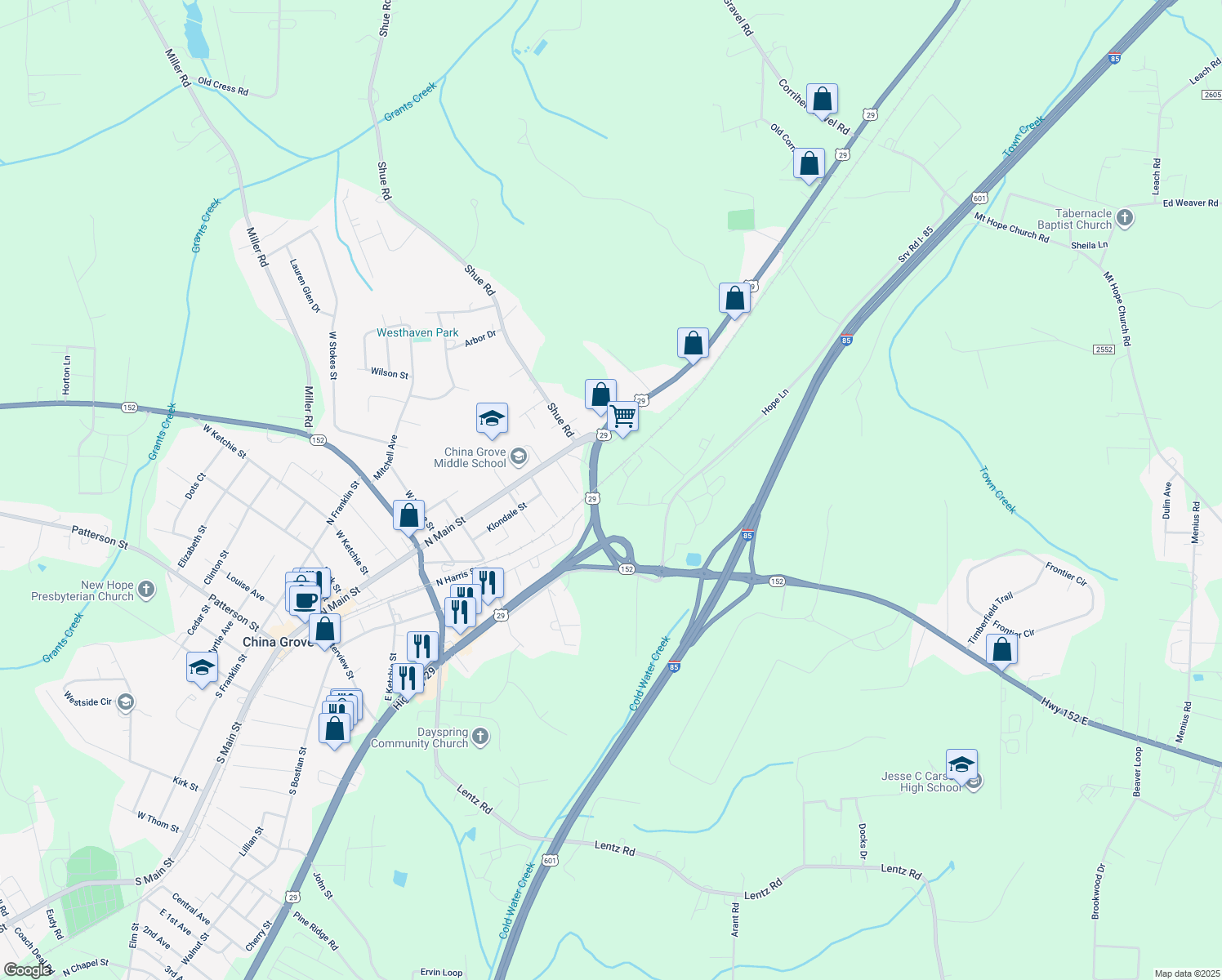 map of restaurants, bars, coffee shops, grocery stores, and more near 255 Madison Road in China Grove