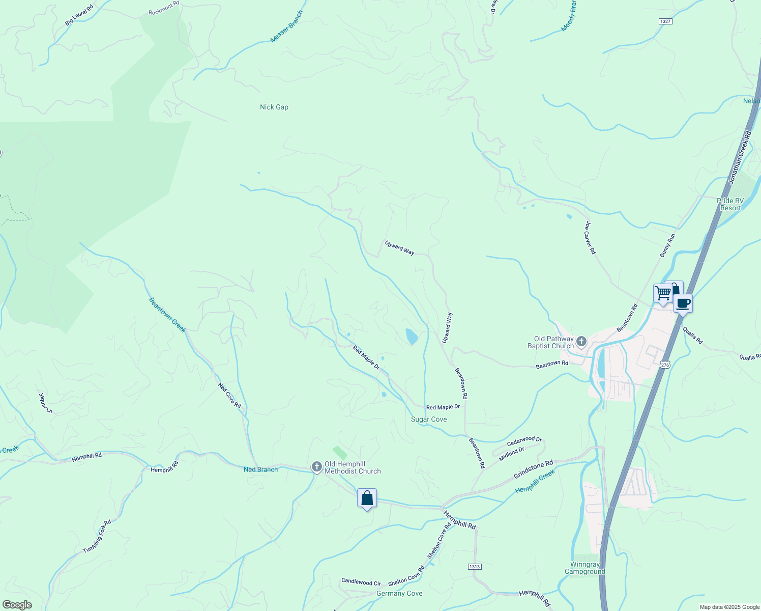 map of restaurants, bars, coffee shops, grocery stores, and more near 19 Antler Point in Waynesville
