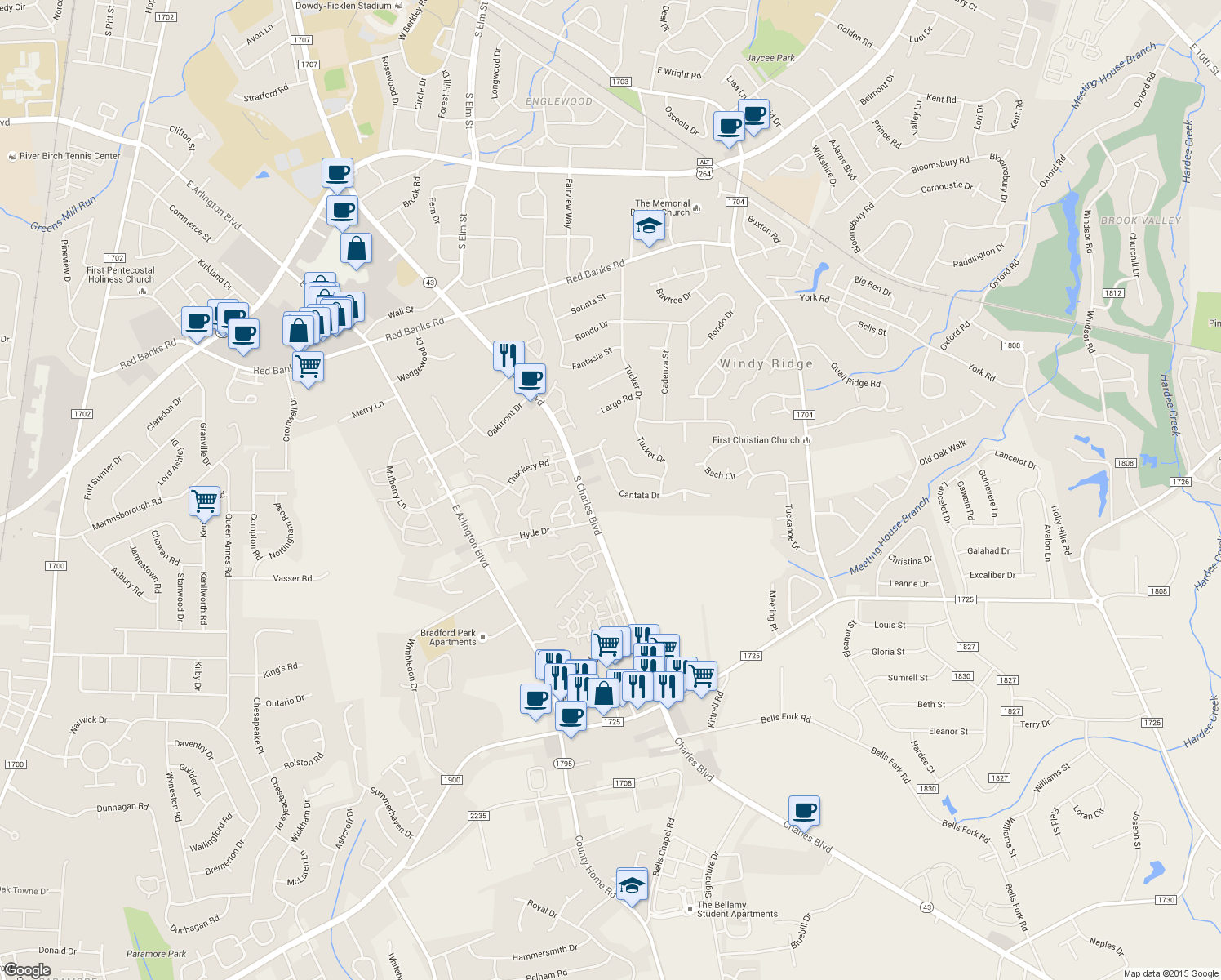 map of restaurants, bars, coffee shops, grocery stores, and more near 3702 Cantata Drive in Greenville