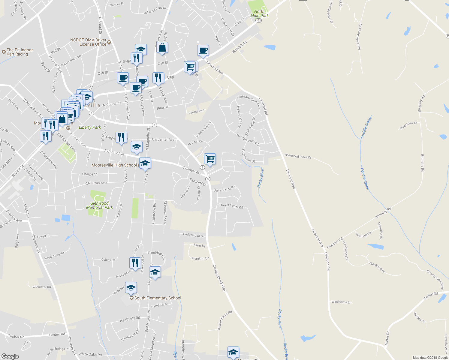map of restaurants, bars, coffee shops, grocery stores, and more near Doyle Farm Lane in Mooresville
