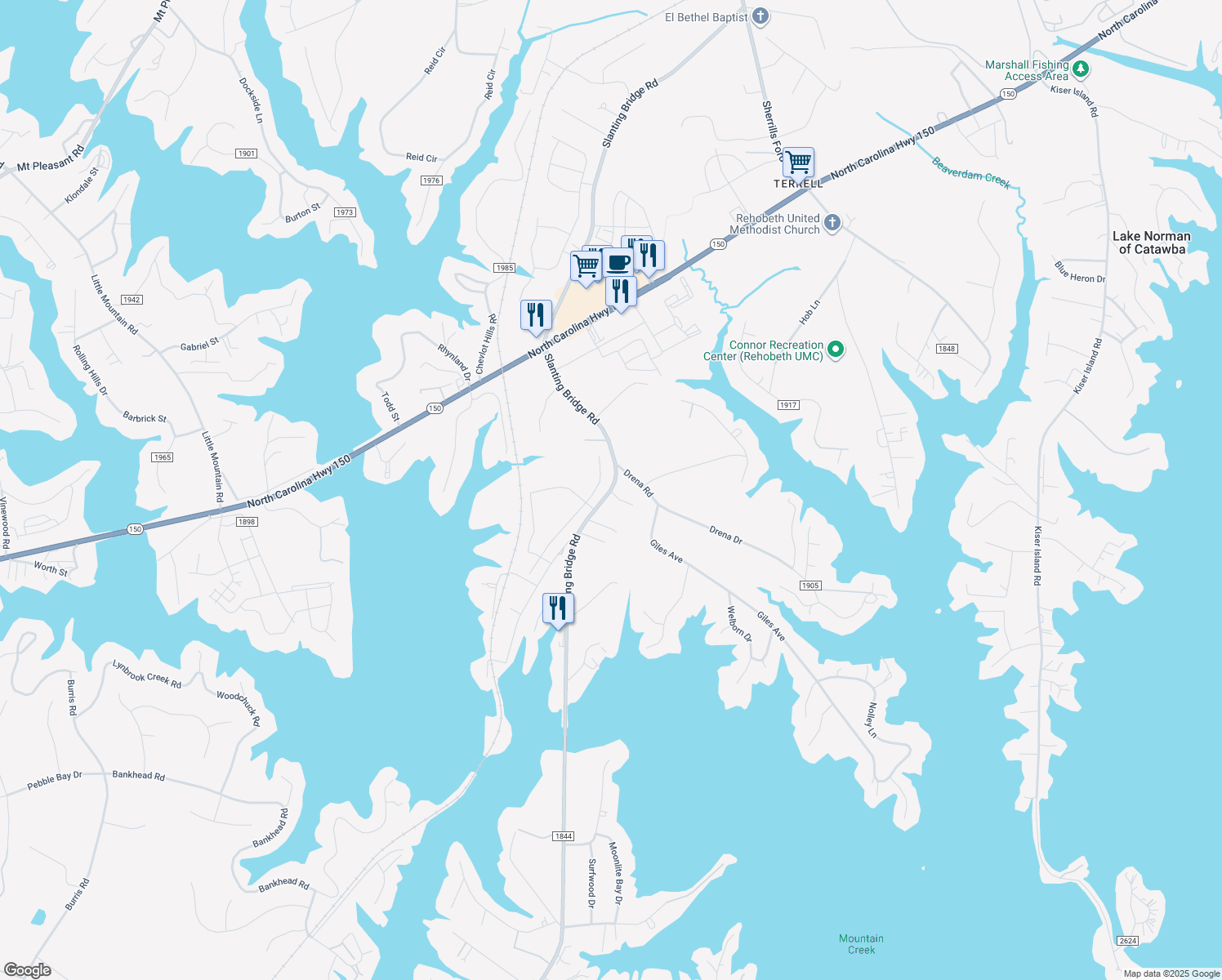 map of restaurants, bars, coffee shops, grocery stores, and more near 4385 Slanting Bridge Rd in Sherrills Ford