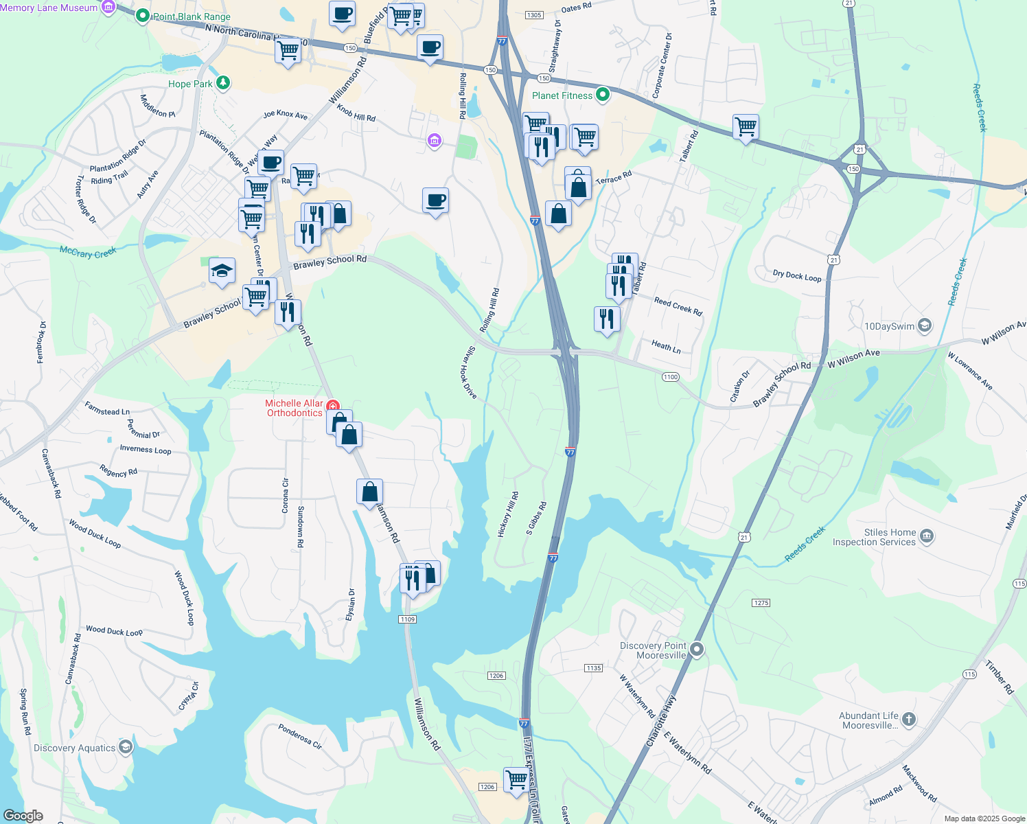 map of restaurants, bars, coffee shops, grocery stores, and more near 143 High Ridge Road in Mooresville