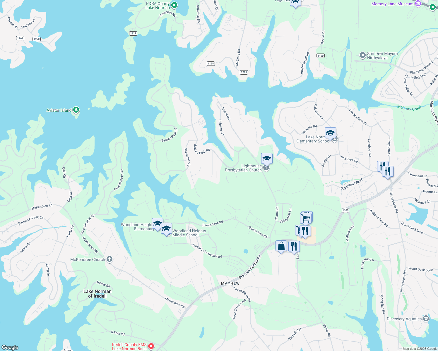 map of restaurants, bars, coffee shops, grocery stores, and more near 143 Vista Bluff Lane in Mooresville
