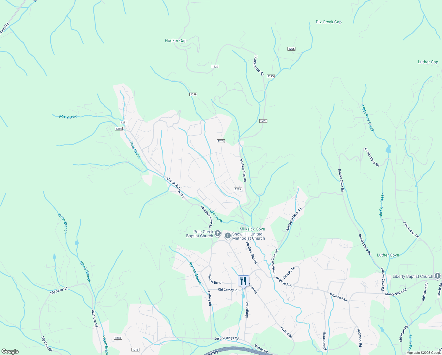map of restaurants, bars, coffee shops, grocery stores, and more near 23 Sunny Knoll Acres in Candler