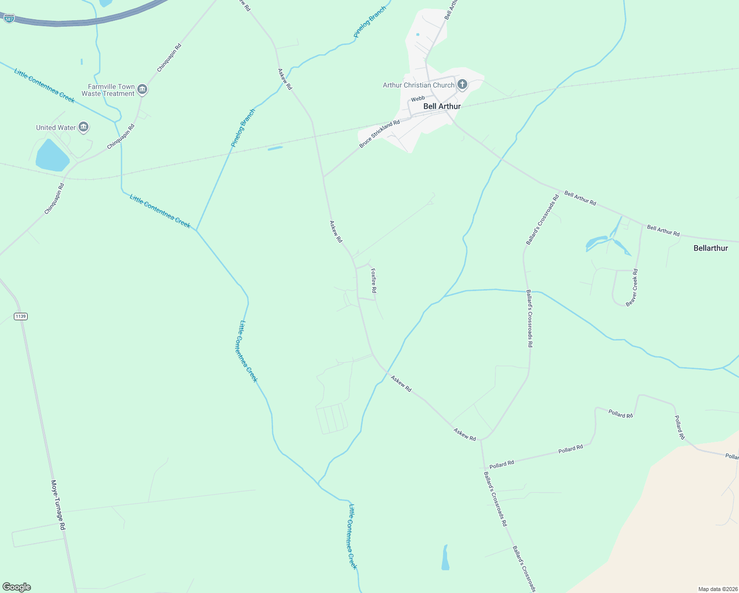 map of restaurants, bars, coffee shops, grocery stores, and more near 2672 Foxfire Road in Farmville