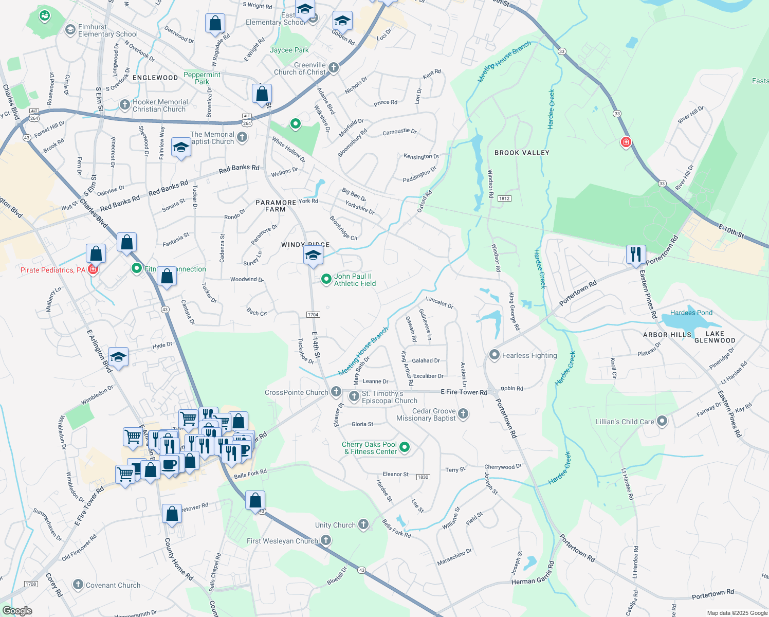 map of restaurants, bars, coffee shops, grocery stores, and more near 2104 Crooked Creek Road in Greenville