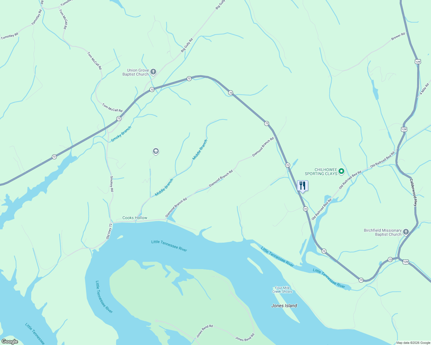 map of restaurants, bars, coffee shops, grocery stores, and more near 7147 Diamond Branch Road in Maryville