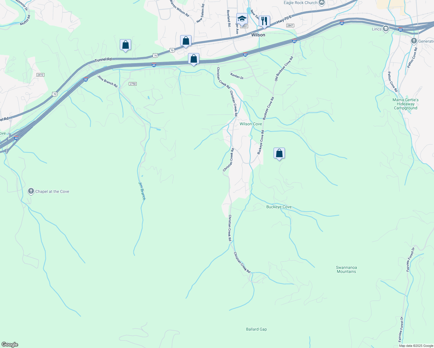 map of restaurants, bars, coffee shops, grocery stores, and more near 627 Christian Creek Road in Swannanoa