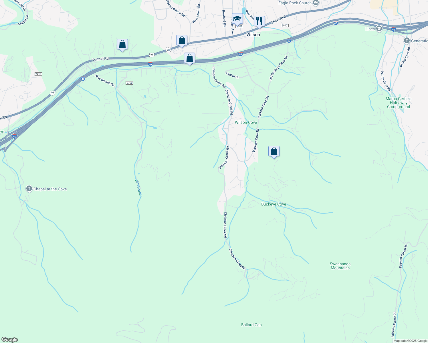 map of restaurants, bars, coffee shops, grocery stores, and more near 627 Christian Creek Road in Swannanoa