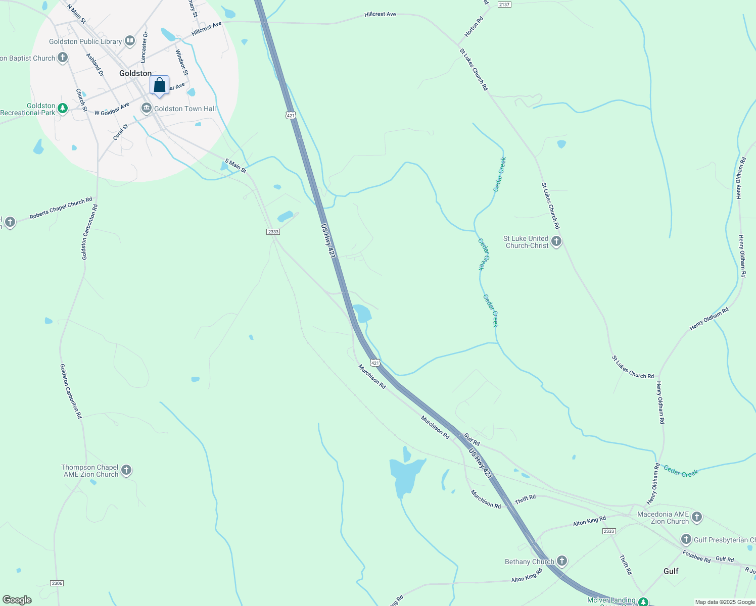 map of restaurants, bars, coffee shops, grocery stores, and more near 12521 U.S. 421 in Goldston
