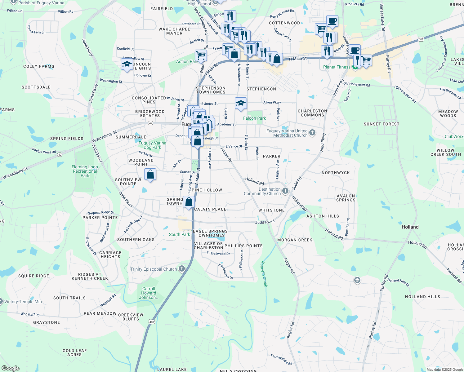 map of restaurants, bars, coffee shops, grocery stores, and more near 217 Pine Street in Fuquay-Varina