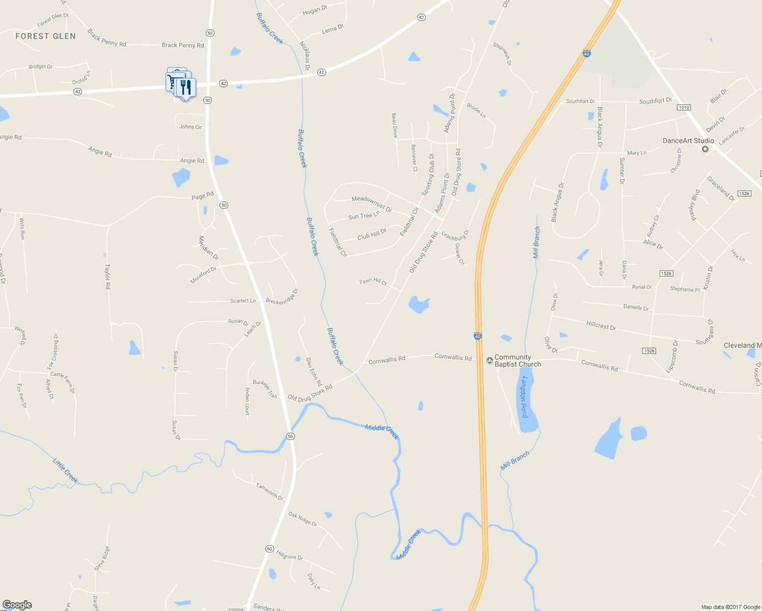 map of restaurants, bars, coffee shops, grocery stores, and more near 103 Morning Mist Drive in Garner