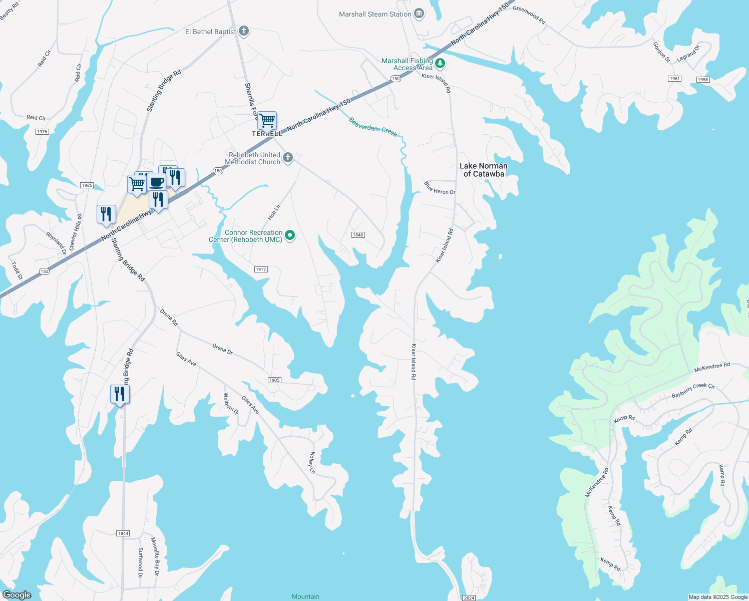 map of restaurants, bars, coffee shops, grocery stores, and more near 8445 Babe Drive in Lake Norman of Catawba