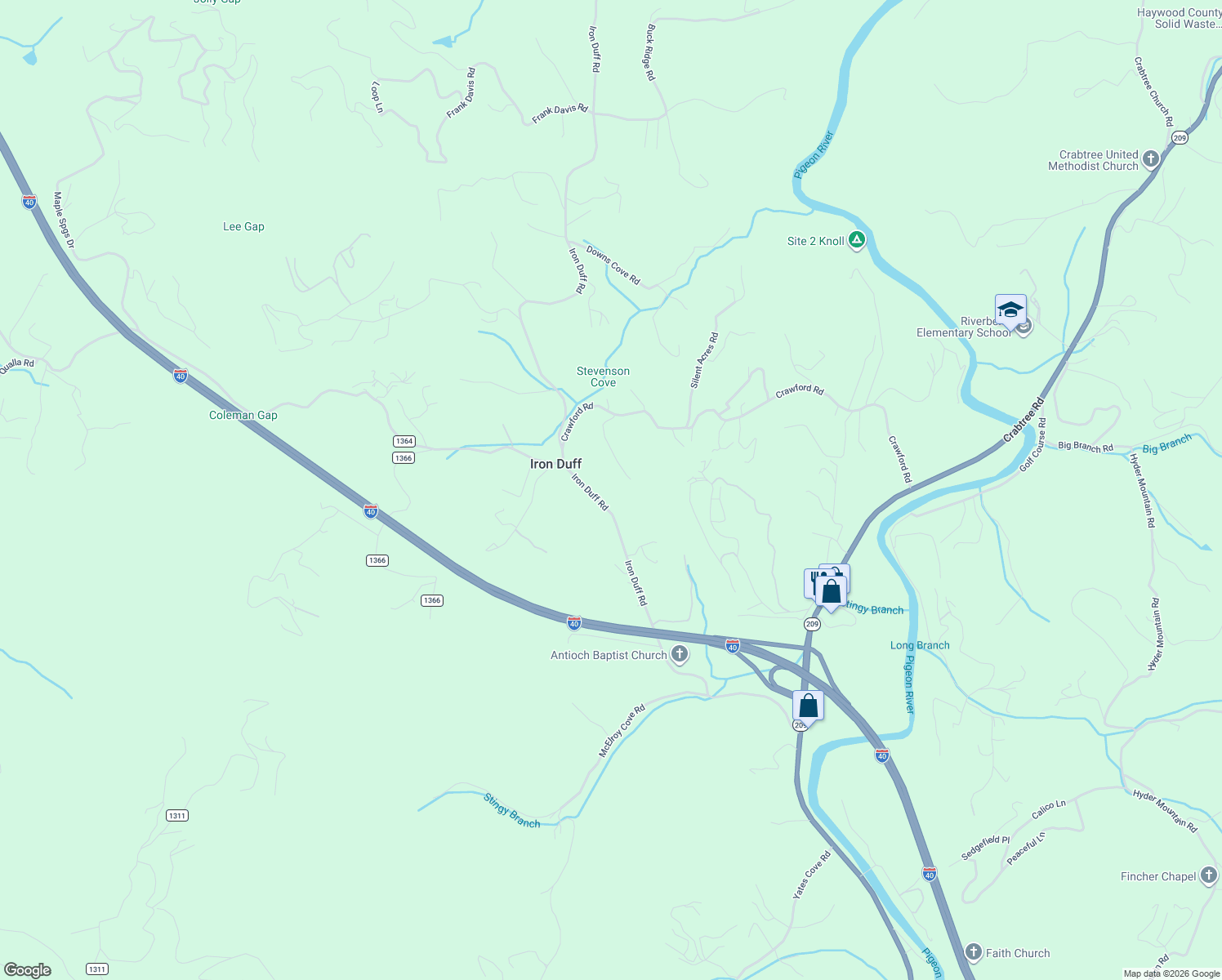 map of restaurants, bars, coffee shops, grocery stores, and more near 1054 Iron Duff Road in Waynesville