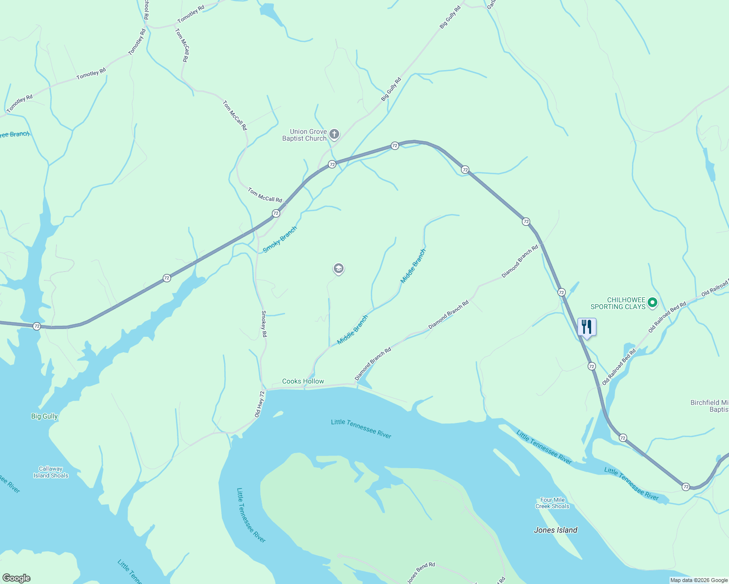 map of restaurants, bars, coffee shops, grocery stores, and more near 7053 Cooks Hollow Road in Maryville