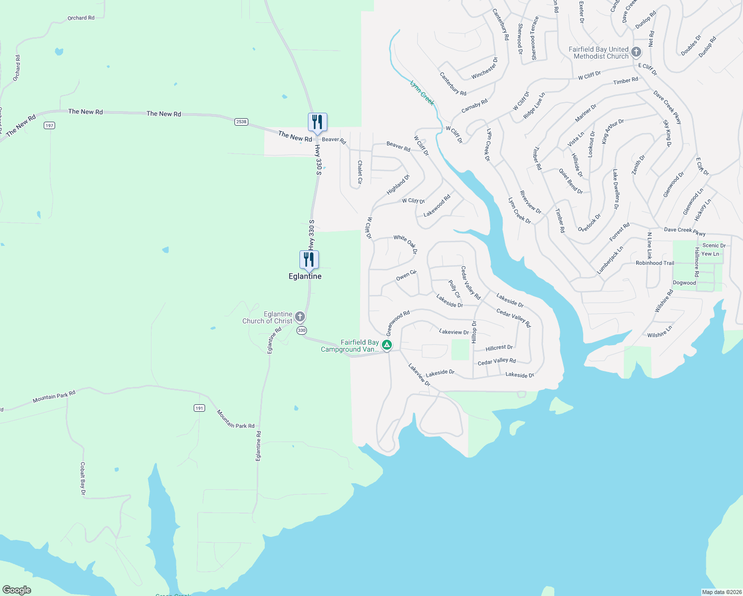 map of restaurants, bars, coffee shops, grocery stores, and more near 606 West Cliff Drive in Fairfield Bay