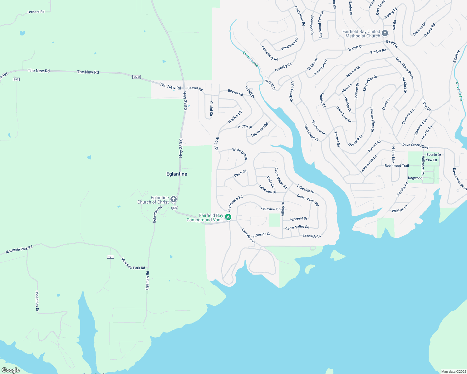 map of restaurants, bars, coffee shops, grocery stores, and more near 167 Owen Circle in Fairfield Bay