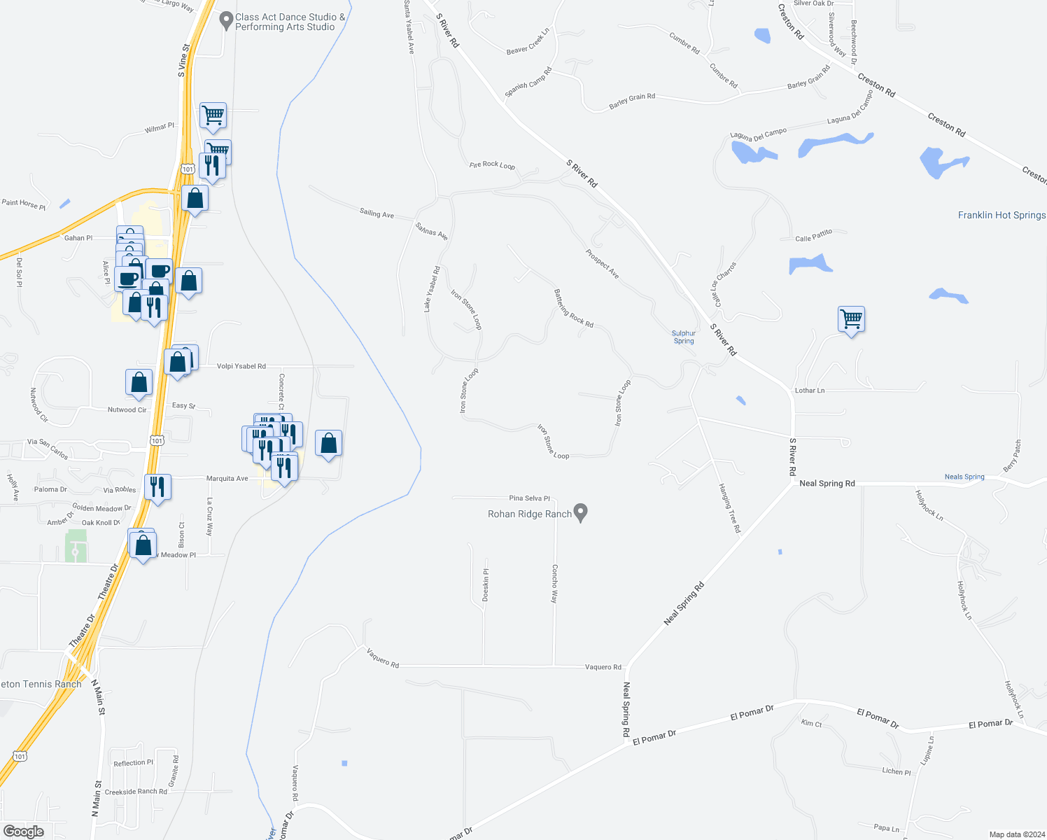 map of restaurants, bars, coffee shops, grocery stores, and more near 1595 Burnt Rock Way in Templeton