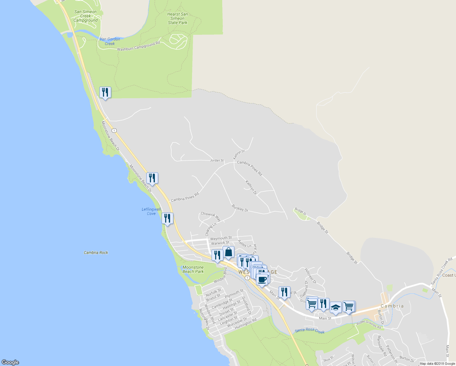 map of restaurants, bars, coffee shops, grocery stores, and more near 6605 Buckley Drive in Cambria