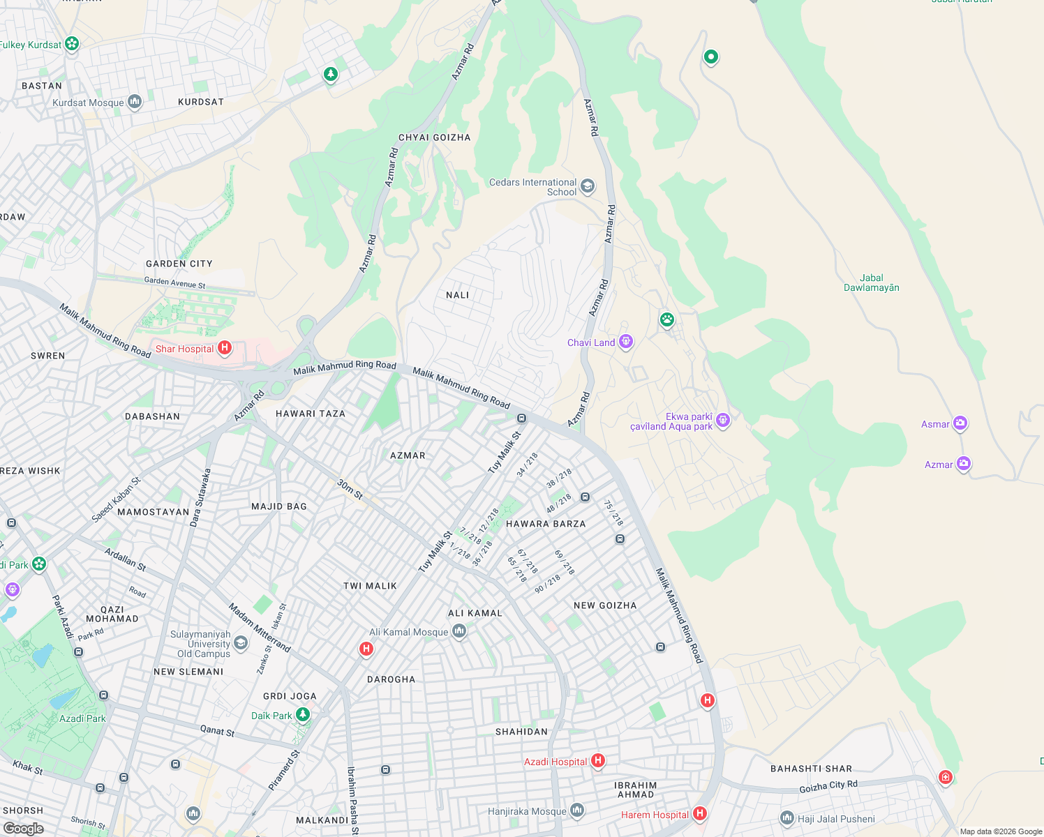 map of restaurants, bars, coffee shops, grocery stores, and more near Tuy Malik Street in Sulaymaniyah