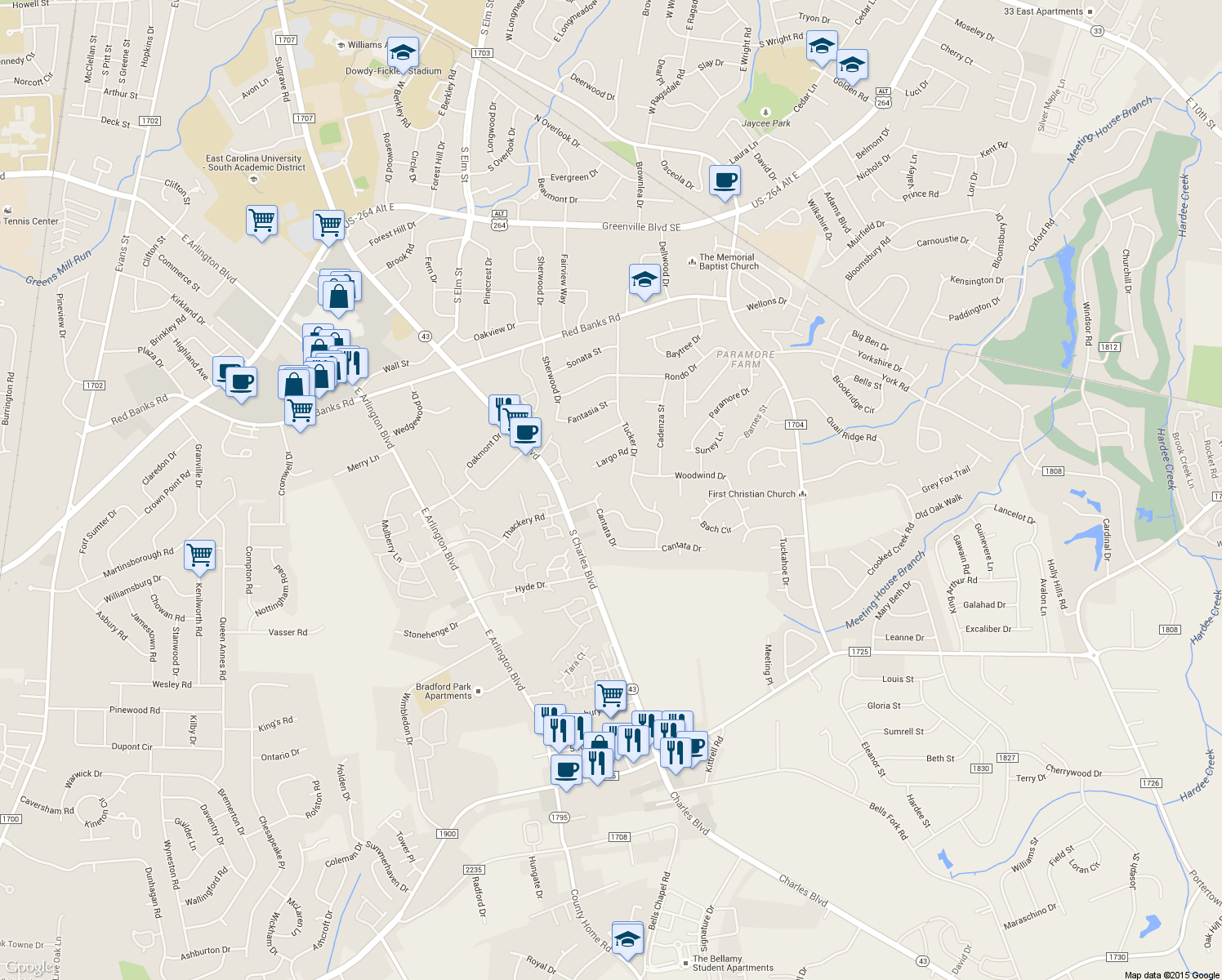 map of restaurants, bars, coffee shops, grocery stores, and more near 3400 Cantata Drive in Greenville