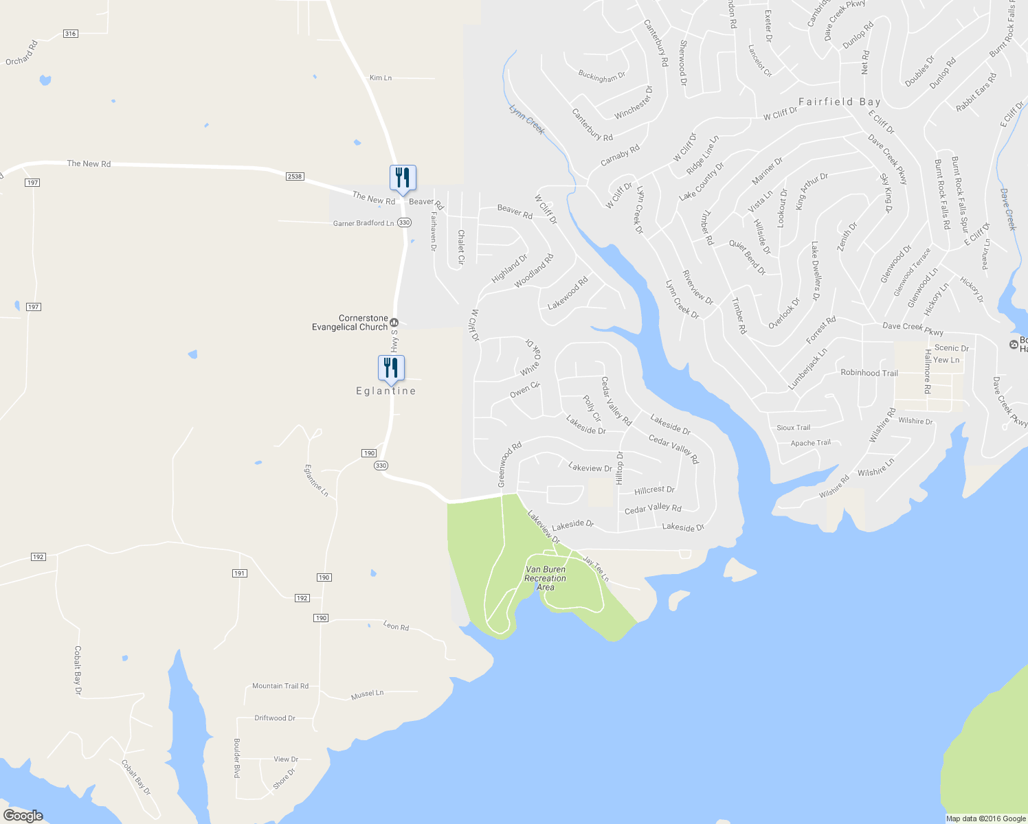 map of restaurants, bars, coffee shops, grocery stores, and more near 167 Owen Circle in Fairfield Bay