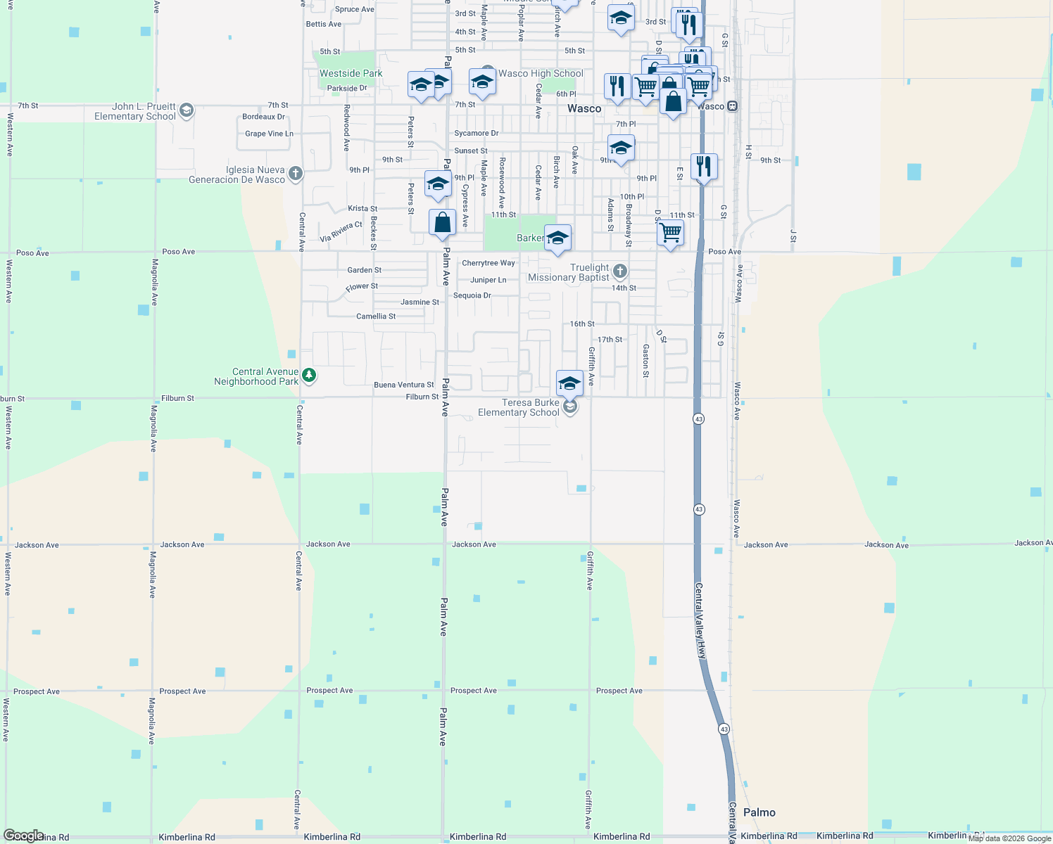 map of restaurants, bars, coffee shops, grocery stores, and more near 1640 Lilac Ct in Wasco