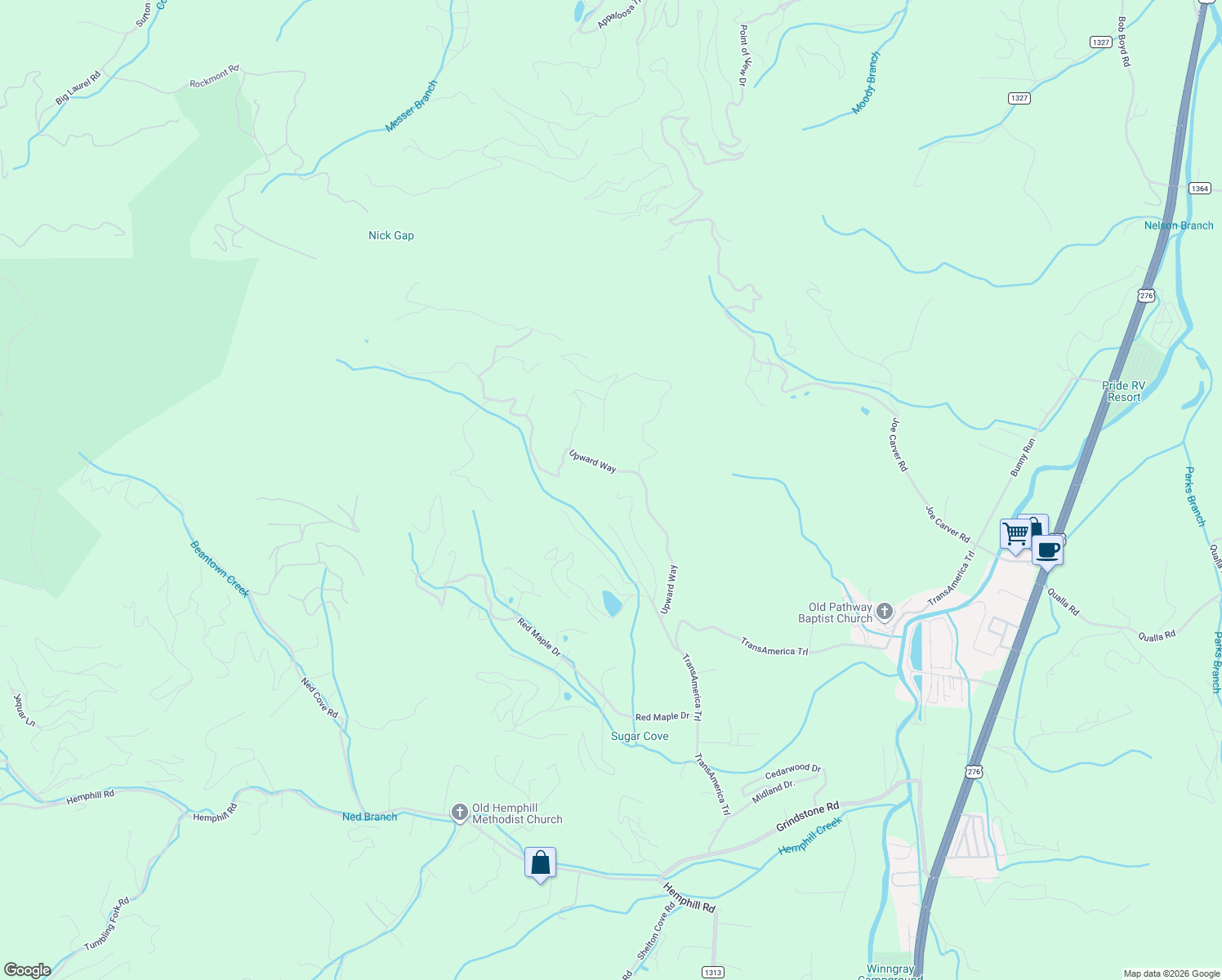 map of restaurants, bars, coffee shops, grocery stores, and more near 510 Forest Hill Road in Waynesville