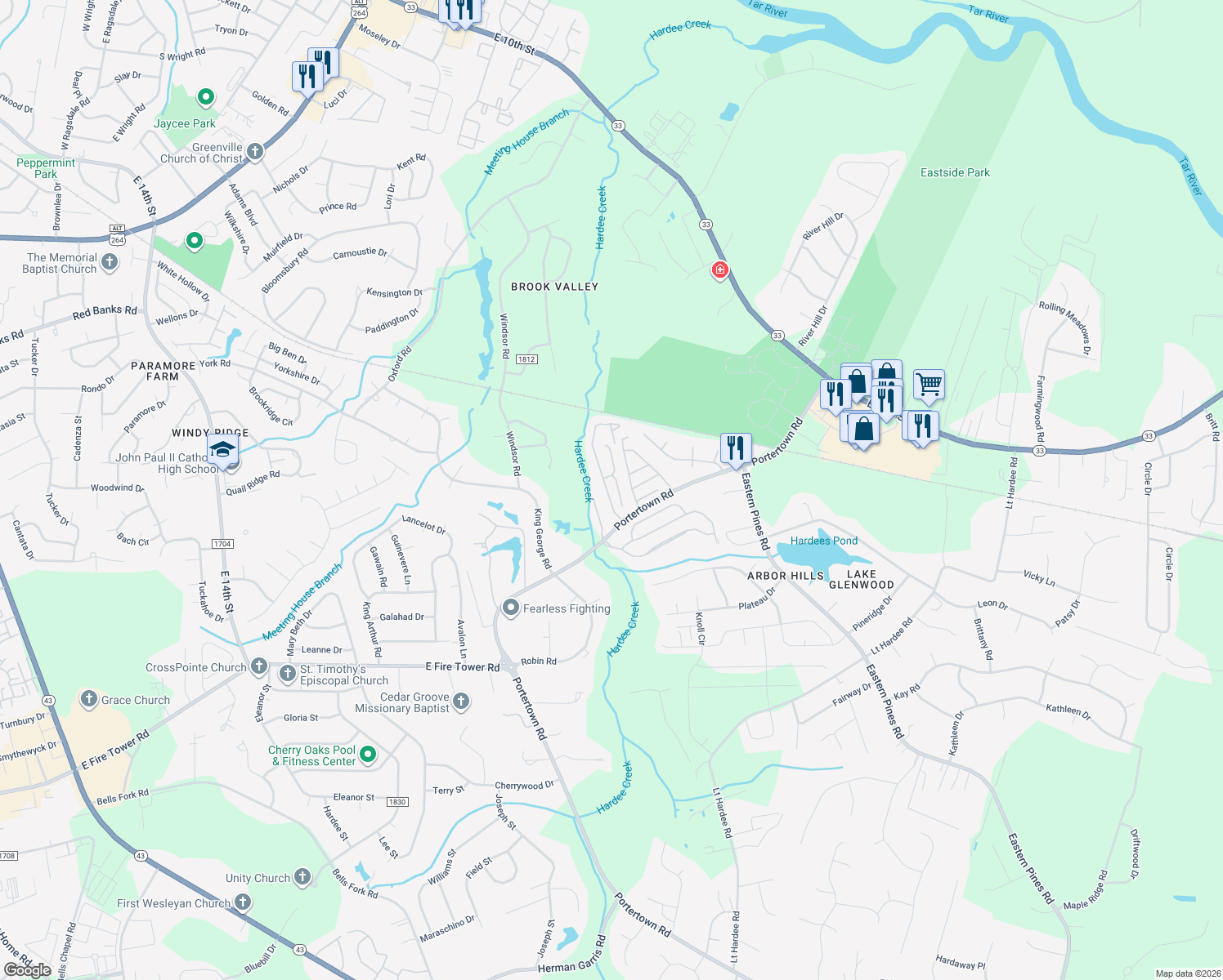 map of restaurants, bars, coffee shops, grocery stores, and more near 4209 Brook Creek Lane in Greenville