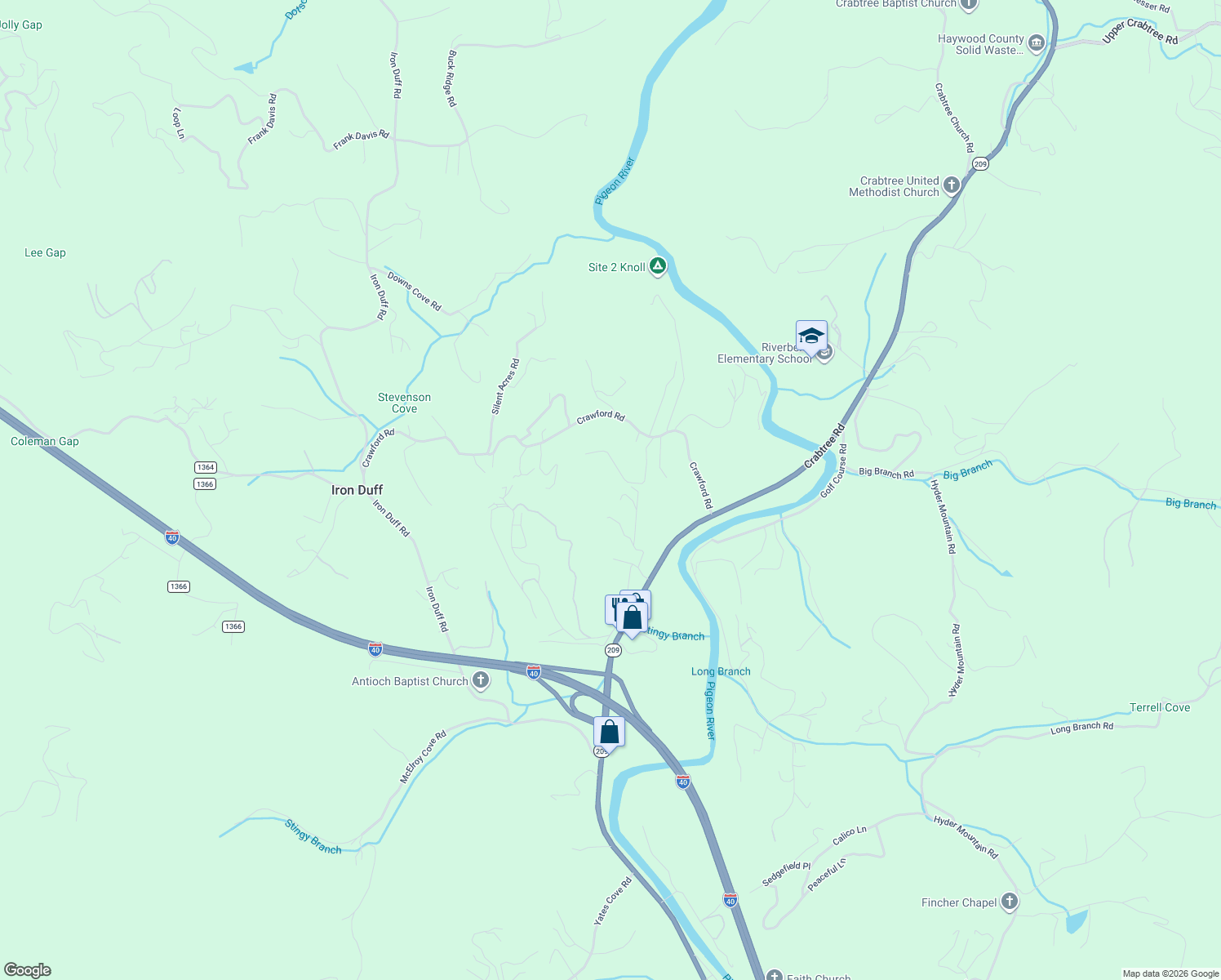map of restaurants, bars, coffee shops, grocery stores, and more near 277 Mirah Lane in Waynesville